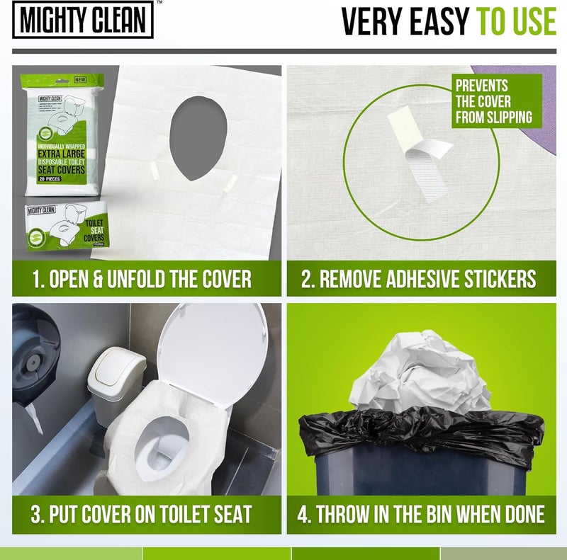 Mighty Clean XL Disposable Toilet Seat Covers by ｜100% Waterproof ｜Individually Wrapped, Extra Wide Covers for Adults and Kids｜20 Count - Image 4